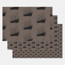 Nautische Retro Bruin en zwart Schip Zeilboot Inpakpapier Vel