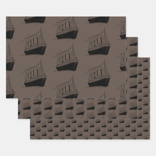 Nautische Retro Bruin en zwart Schip Zeilboot Inpakpapier Vel (Set)