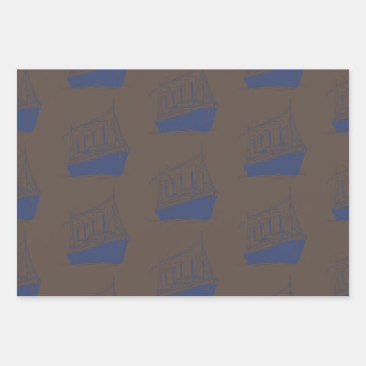 Nautische Retro Bruin Marine Blauw Schip Zeilboot Inpakpapier Vel (Voorkant)