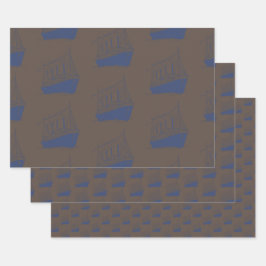 Nautische Retro Bruin Marine Blauw Schip Zeilboot Inpakpapier Vel