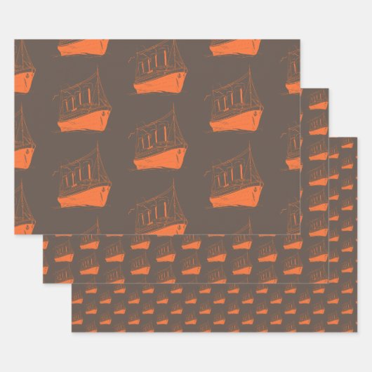 Nautische Retro Bruin Oranje Schip Zeilboot Inpakpapier Vel (Set)