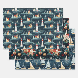 Nautische Retro Kerstmispatroon Inpakpapier Vel