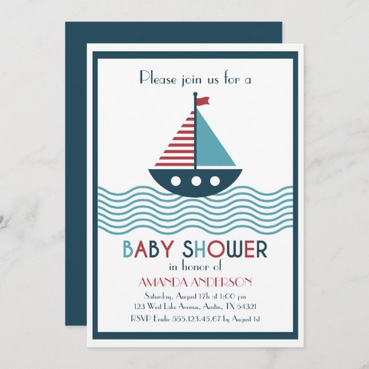 Nautische rode en blauwe boot BABY SHOWER Kaart (Voorkant / Achterkant)