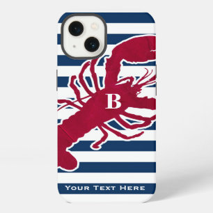 Nautische rode kreeft monogram blauwe witte streep iPhone 13 hoesje