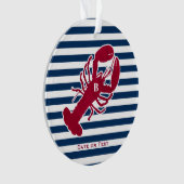 Nautische rode kreeft monogram gestreept Kerstmis Ornament (voorkant)