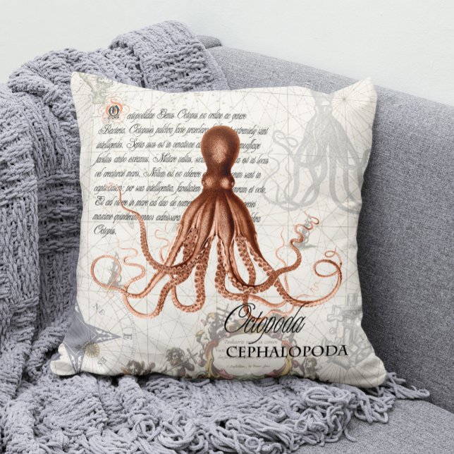 Nautische  rode octopus illustratie kussen (Modern Vintage Nautical Octopus Throw Pillow for Your Coastal Decor )