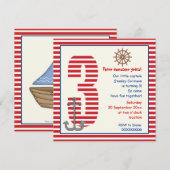 Nautische rode, witte zeilboot 3e verjaardagsfeest kaart (Voorkant / Achterkant)