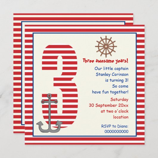 Nautische rode, witte zeilboot 3e verjaardagsfeest kaart (Voorkant / Achterkant)
