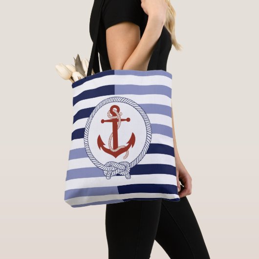 Nautische roestrode scheepsanker, marineblauwe str tote bag (Dichtbij)