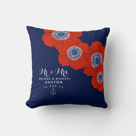 Nautische rood wit & blauw anemonen gedateerd aand kussen (Voorkant)