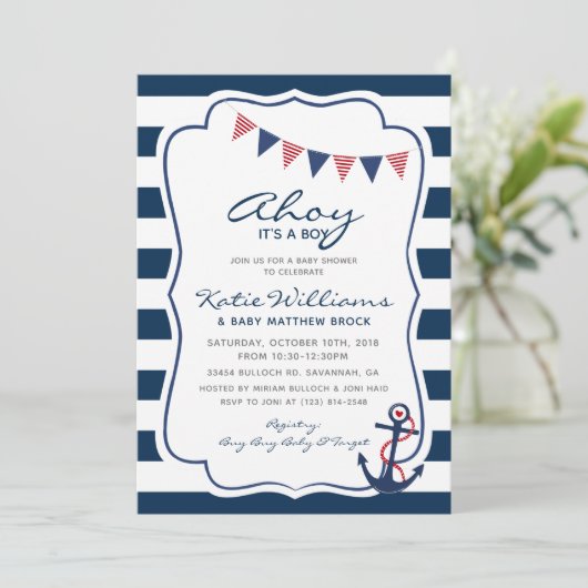 Nautische Rood Wit Blauw Anker Boy Baby shower Kaart (Staand voorkant)