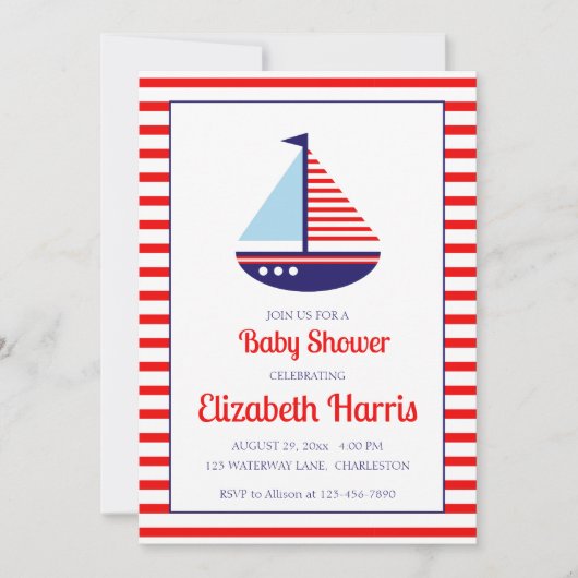 Nautische Rood Wit en Blauw Zeilboot Baby shower Kaart (Voorkant)