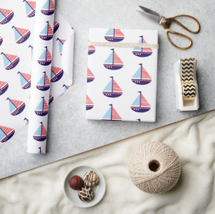 Nautische Rood Wit en Blauwe Strepen Zeilboot Cadeaupapier