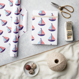 Nautische Rood Wit en Blauwe Strepen Zeilboot Cadeaupapier