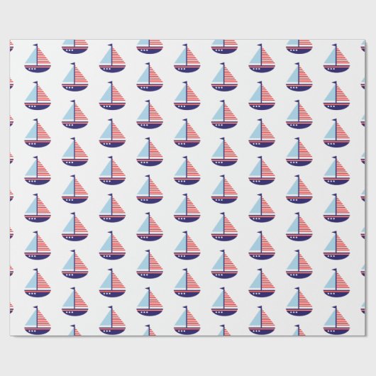 Nautische Rood Wit en Blauwe Strepen Zeilboot Cadeaupapier (Vlak)