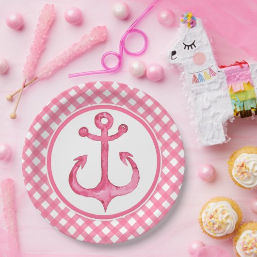 Nautische roze anker geruite papieren Borden Papieren Bordje (Feest)