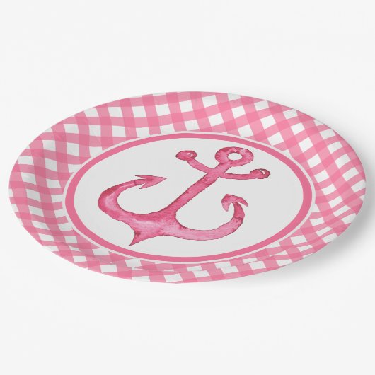 Nautische roze anker geruite papieren Borden Papieren Bordje (Gekanteld)