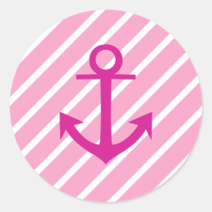 nautische roze en witte strepen fuchsia anker ronde sticker