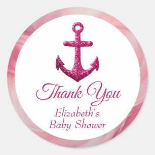 Nautische Roze Glitter Anker Baby Shower Ronde Sticker