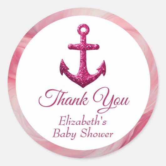 Nautische Roze Glitter Anker Baby Shower Ronde Sticker (Voorkant)
