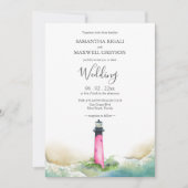 Nautische Roze Vuurtoren Strand Destination Weddin Kaart (Voorkant)