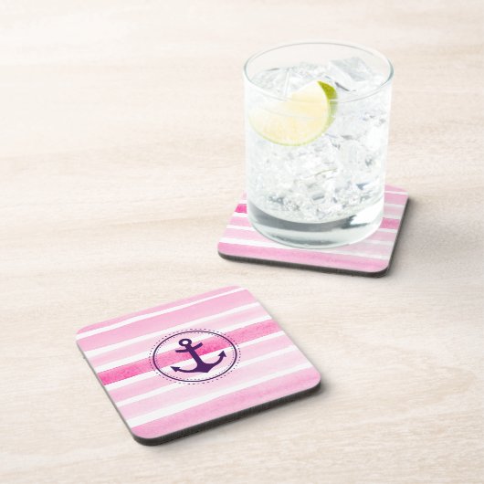 Nautische Roze Witte Waterverven Patroon en Anker Onderzetter (Rechterzijde)