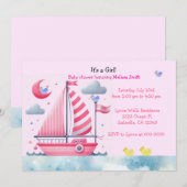 Nautische Roze Zeilboot Baby Meisje Douche Uitnodi Kaart (Voorkant / Achterkant)