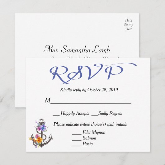 Nautische RSVP Boat Anker Bloemenblauw Briefkaart (Voorkant / Achterkant)