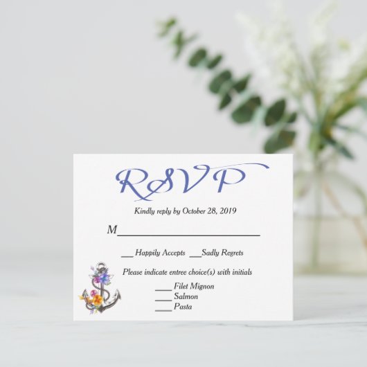 Nautische RSVP Boat Anker Bloemenblauw Briefkaart (Staand voorkant)