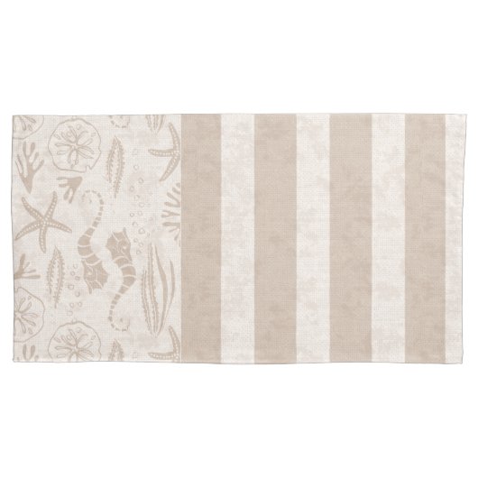 Nautische Sandy-Beige Hand-Drawn Seahorse Stripes Kussensloop (Voorkant)