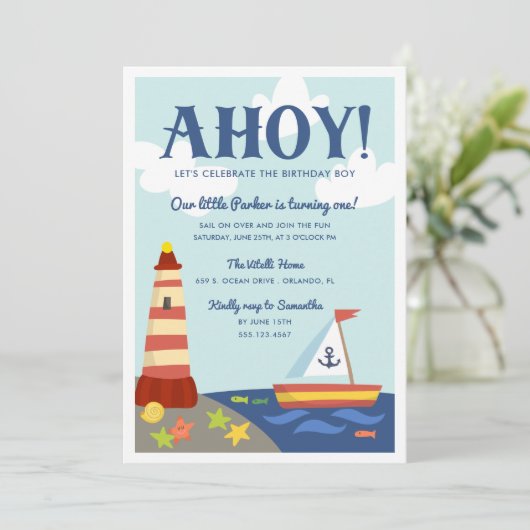Nautische scène Kids verjaardagsfeestje uitnodigin Kaart (Staand voorkant)