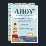 Nautische scène Kids verjaardagsfeestje uitnodigin Kaart<br><div class="desc">Deze schattige,  nautische verjaardagsuitnodiging heeft een oceaanscène,  inclusief een vuurtoren op het strand,  een schattige kleine zeilboot,  zeesterren en golven. Modern,  kleurrijk en oh-zo-schattig,  deze uitnodiging is perfect voor uw kleine munchkin,  of het nu een eerste verjaardag of een volgende viert.</div>