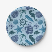Nautische schaduwen van blauw patroon papieren bordje (Voorkant)