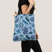 Nautische schaduwen van blauw patroon tote bag (Dichtbij)