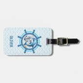 Nautische Schattigee Dolfijn & Anker in Ship Wheel Bagagelabel (Voorkant horizontaal)