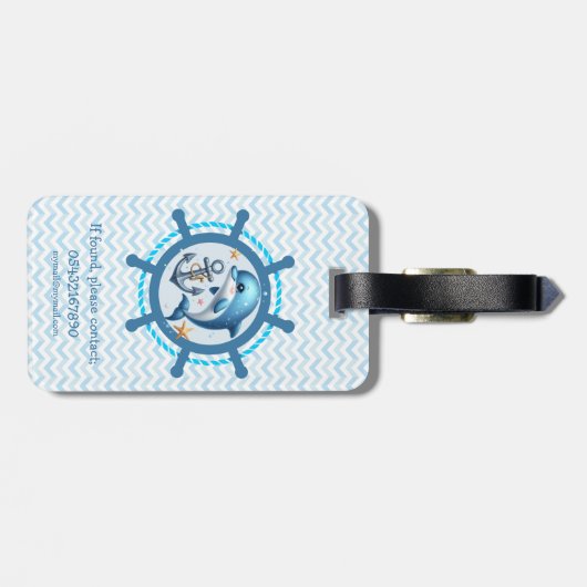 Nautische Schattigee Dolfijn & Anker in Ship Wheel Bagagelabel (Achterkant horizontaal)