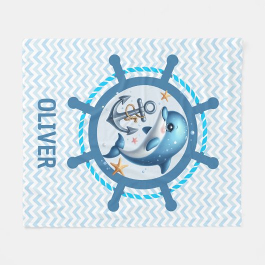 Nautische Schattigee Dolfijn & Anker in Ship Wheel Fleece Deken (Voorkant (Horizontaal))