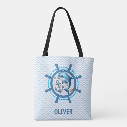 Nautische Schattigee Dolfijn & Anker in Ship Wheel Tote Bag (Achterkant)