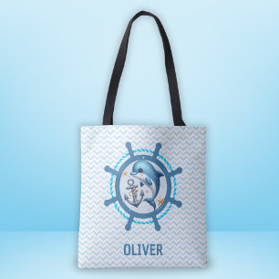Nautische Schattigee Dolfijn & Anker in Ship Wheel Tote Bag