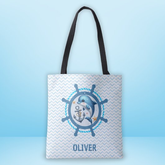 Nautische Schattigee Dolfijn & Anker in Ship Wheel Tote Bag