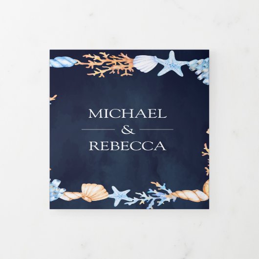Nautische schelpen marineblauw fotocollage bruilof drieluik uitnodiging (Cover)