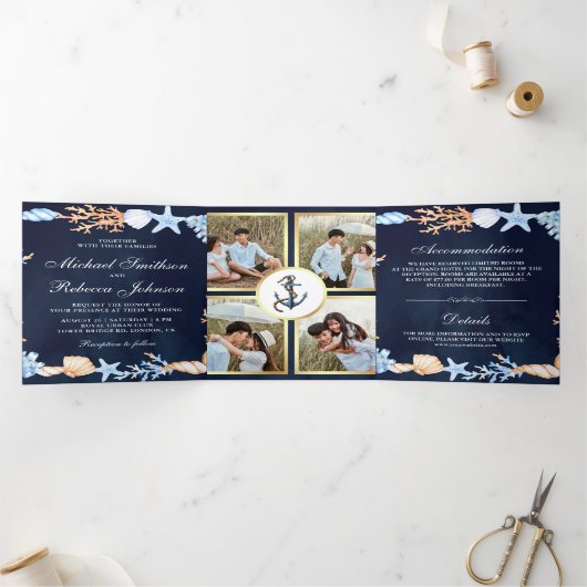 Nautische schelpen marineblauw fotocollage bruilof drieluik uitnodiging (Binnen)
