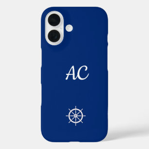 Nautische Schepen Wiel Blauw+Wit (Personaliseer) iPhone 16 Hoesje