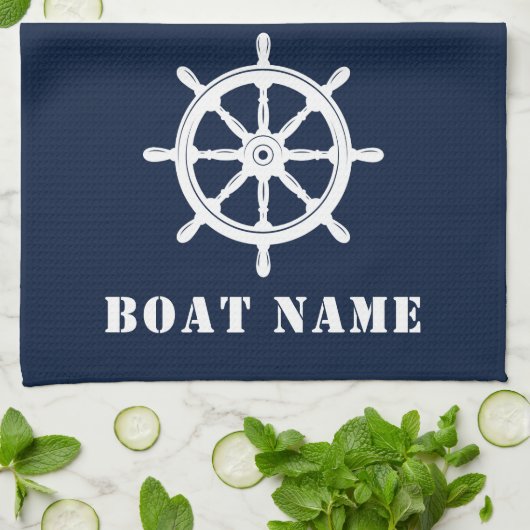 Nautische Schepen Wiel Helm Rope Uw Boot Naam Blau Theedoek (Gevouwen)