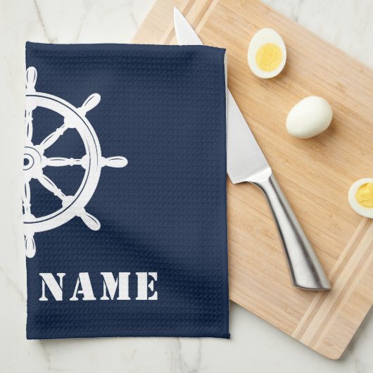 Nautische Schepen Wiel Helm Rope Uw Boot Naam Blau Theedoek (Quarter Fold)