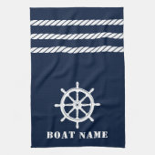 Nautische Schepen Wiel Helm Rope Uw Boot Naam Blau Theedoek (Verticaal)