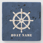 Nautische Schepen Wiel Helm & Uw Bootnaam op Blauw Stenen Onderzetter (Voorkant)