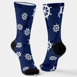 Nautische Schepen Wiel Marine Blauw en Wit Patroon Sokken