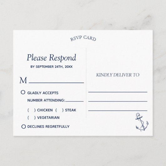 Nautische Schets Anker Witte Maaltijd Keuze RSVP Uitnodiging Briefkaart (Achterkant)