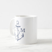 nautische schets marineblauw anker monogram koffiemok (Voorkant links)